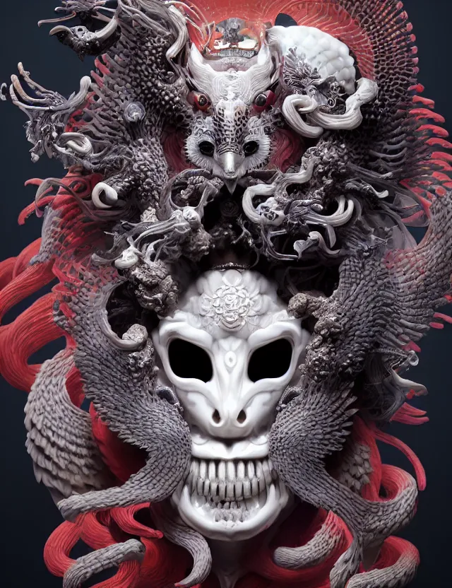 Image similar to 3 d goddess of hell close - up profile portrait with ram skull. beautiful intricately detailed japanese crow kitsune mask and clasical japanese kimono. betta fish, jellyfish phoenix, bio luminescent, plasma, ice, water, wind, creature, artwork by tooth wu and wlop and beeple and greg rutkowski