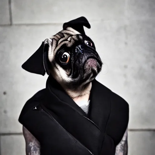 Image similar to portrait of a pug as a rick owens model, darkwear, techwear, goth pug, photo