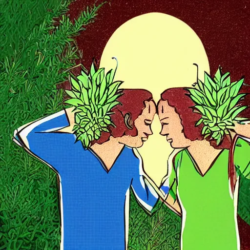 Image similar to a couple with plants growing out of their heads watering each other