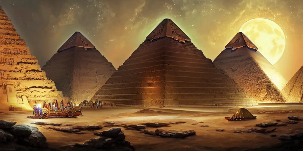Image similar to ancient tomb below pyramids with cleopatra inside, the pyramids overlap a big flying stingray, crab, starfish, octopus, and fish flying, night scene, full moon, highly detailed, digital painting, artstation, concept art, matte, sharp focus, illustration, art by artgerm and greg rutkowski and alphonse mucha
