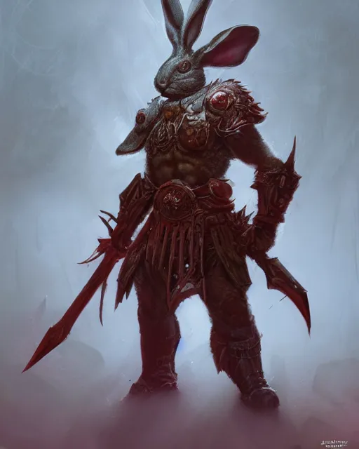 Image similar to Rabbit Berserker, rage, maniac, war paint, red, Khorne, magic the gathering artwork, D&D, fantasy, cinematic lighting, centered, symmetrical, highly detailed, digital painting, artstation, concept art, smooth, sharp focus, illustration, volumetric lighting, epic Composition, 8k, art by Akihiko Yoshida and Greg Rutkowski and Craig Mullins, oil painting, cgsociety