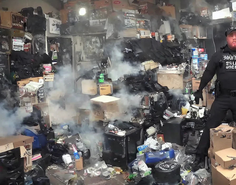 Image similar to Alex Jones in his garage office youtube studio fighting SWAT police, surrounded by boxes of herbal supplements and trash, a group of SWAT police, tear gas and smoke, detailed photograph high quality