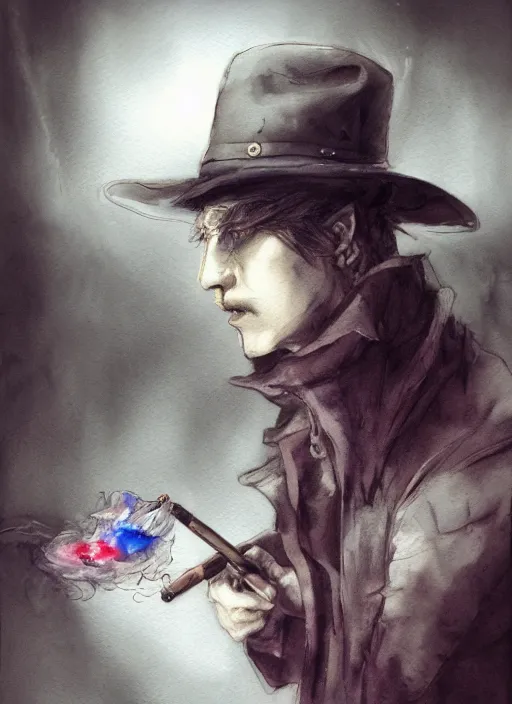 Image similar to portrait, the sadhatter, smoking a magical bong, watercolor, dramatic lighting, cinematic, establishing shot, extremely high detail, foto realistic, cinematic lighting, pen and ink, intricate line drawings, by Yoshitaka Amano, Ruan Jia, Kentaro Miura, Artgerm, post processed, concept art, artstation, matte painting, style by eddie mendoza, raphael lacoste, alex ross