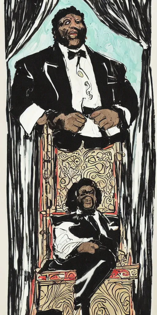 Image similar to style of frank miller, portrait of big black man sitting on throne, background made of big curtains