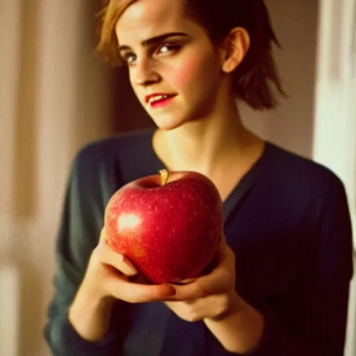 Prompt: Photograph of Emma Watson holding a pink apple by the window. Golden hour, dramatic lighting. Medium shot. CineStill
