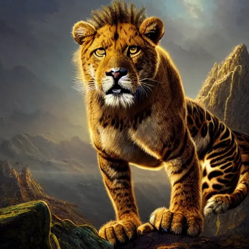 Image similar to a hyperrealistic illustration of a mix of puma and jaguar and lion and tiger jumping over a cliff, giant cat monster, 8 k ultra realistic animal, detailed intricate fur, flame in the fur, with fractal sunlight, award - winning, masterpiece, in the style of tom bagshaw, cedric peyravernay, peter mohrbacher