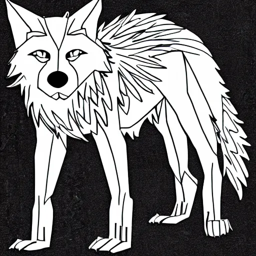 Prompt: full-body sideways wolf template base, digital line-art, simple, coloring book style, black and white, high quality, HD, 8K