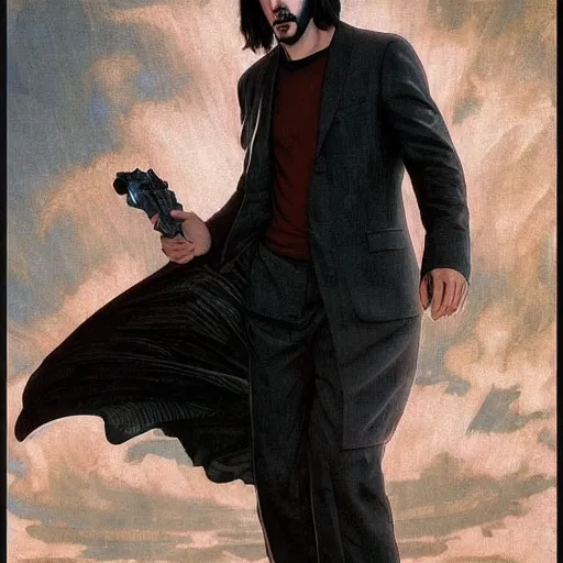 Image similar to Keanu Reeves in Matrix, highly detailed, digital painting, artstation, concept art, smooth, sharp focus, illustration, ArtStation, art by artgerm and greg rutkowski and alphonse mucha and J. C. Leyendecker and Edmund Blair Leighton and Katsuhiro Otomo and Geof Darrow and Phil hale and Ashley wood and Ilya repin and Charlie Bowater