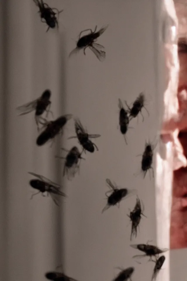 Prompt: insane priest staring at flies on a window, film still from a horror movie, 4k