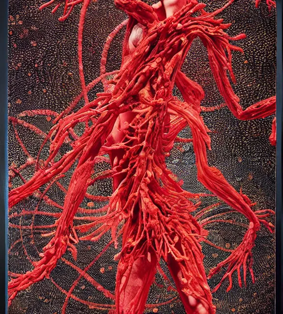 Prompt: still frame from Prometheus, gaia covered in crimson filament sowing in blosoming mycelium gardens, dressed by Neri Oxman and alexander mcqueen, metal couture haute couture editorial by utagawa kuniyoshi by giger