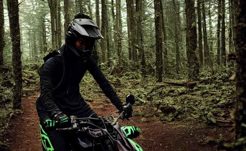 Prompt: cinestill 5 0 d candid photographic portrait by steven spielberg of a mixed teen wearing rugged black mesh techwear on a dirtbike through a dark forest, extreme closeup, modern cyberpunk moody emotional cinematic, snow storm, 8 k, hd, high resolution, 3 5 mm, f / 3 2, ultra realistic faces, ex machina