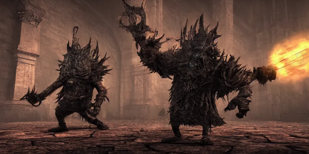 Image similar to minion as a darksouls boss, horror, hd, screenshot,