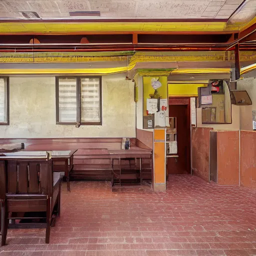 Prompt: slanted, dull, abandoned photograph, desaturated, chinese restaurant, two-point perspective