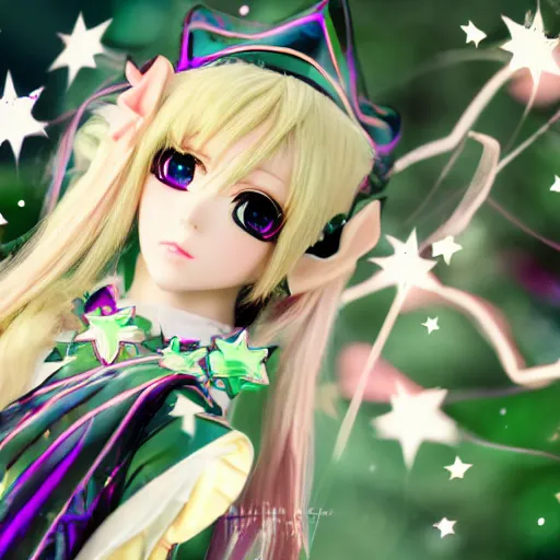 Image similar to hyper kawaii anime elf pvc, goddess garbs, ascending to heaven, somber portraits, pursed lips, green eyes, bokeh background