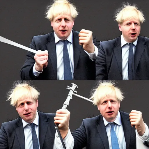 Image similar to boris johnson wielding various weapons