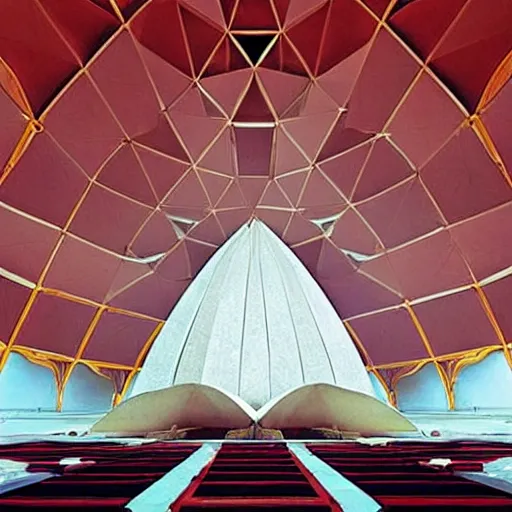 Image similar to interior of a futuristic lotus temple space station with gold, red and white marble panels, by buckminster fuller and syd mead, intricate contemporary architecture, photo journalism, photography, cinematic, national geographic photoshoot