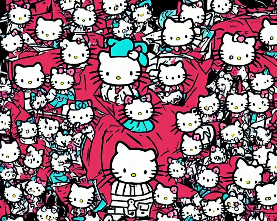 Image similar to a horror movie poster featuring Hello Kitty inside a burning house