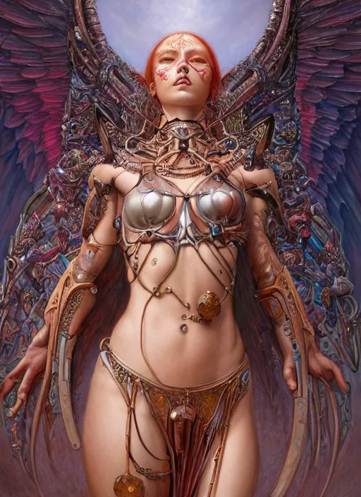 Image similar to hyper detailed masterpiece evil angel girl warrior by donato giancola and tom bagshaw, face by artgerm and edmund leighton, and h. r. giger, trending on artstation, colorful, psychedelic aesthetic, ornate, background by james jean, 8 k, biomechanical, majestic, volumetric lighting, porcelain skin, concept art, sharp focus