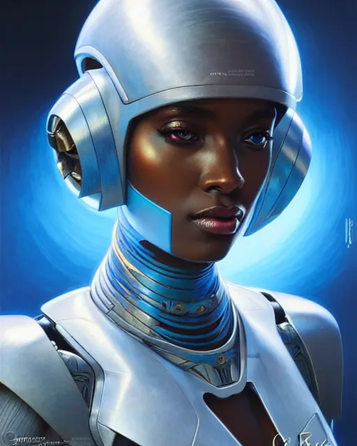 Image similar to Portrait of very very very very very very beautiful african woman, spacesuit, futuristic cybernetic helmet, blue eyes, real life skin, intricate, elegant, highly detailed, artstation, concept art, smooth, sharp focus, art by artgerm and greg rutkowski and alphonse mucha