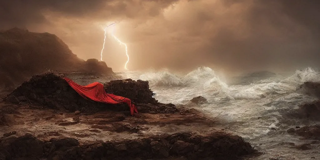 Prompt: “ a roman in a red tunic crawls from the ocean onto a rocky beach ” “ wreckage of a trireme in ocean ” “ stormy seas, lightning, fog, waves ” dark fantasy, cinematic, very detailed, mist, volumetric lighting, golden ratio, vivid, trending on artstation, 4 k matte painting,