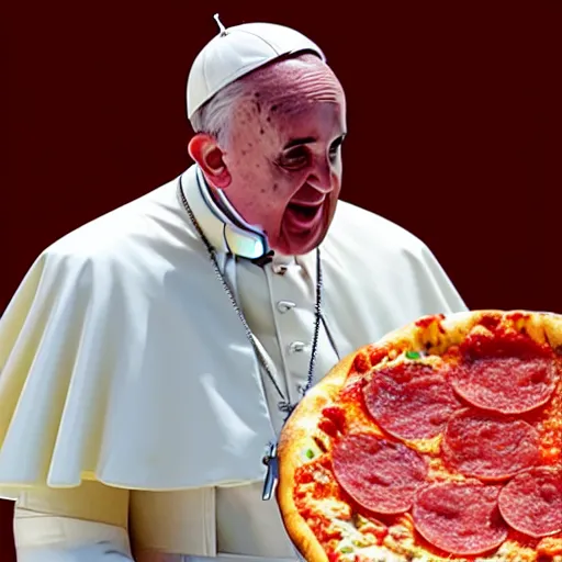 Prompt: the pope pouring hot wax on his bare chest as he eats pepperoni pizza while laying down on bed