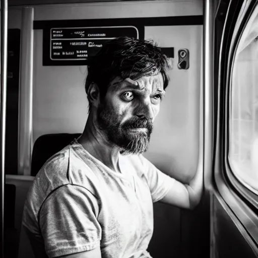 Prompt: a very very confused and scared man riding a suburban train for the first time, 8 5 mm photograph