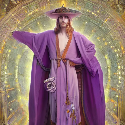 Image similar to highly detailed stunning image of a purple robe wizard full body in mucha style, 3 d render by andrei riabovitchev, shaun tan and peter mohrbacher octane render. hyper realistic. soft illumination, artstation