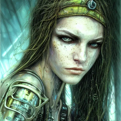 Image similar to an award finning closeup facial portrait by luis royo and john howe of a very beautiful and attractive female bohemian cyberpunk traveller aged 1 5 with green eyes and freckles in clothed in excessively fashionable cyberpunk gear and wearing ornate warpaint