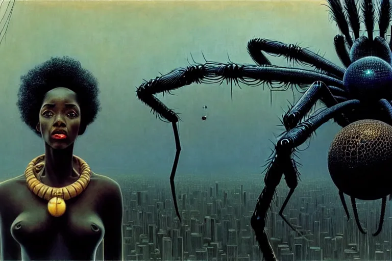 Prompt: realistic detailed portrait movie shot of a beautiful black woman with a giant spider, dystopian city landscape background by denis villeneuve, amano, yves tanguy, alphonse mucha, max ernst, kehinde wiley, jean delville, david lynch, roger dean, cyber necklace, rich moody colours, sci fi patterns, dramatic, wide angle