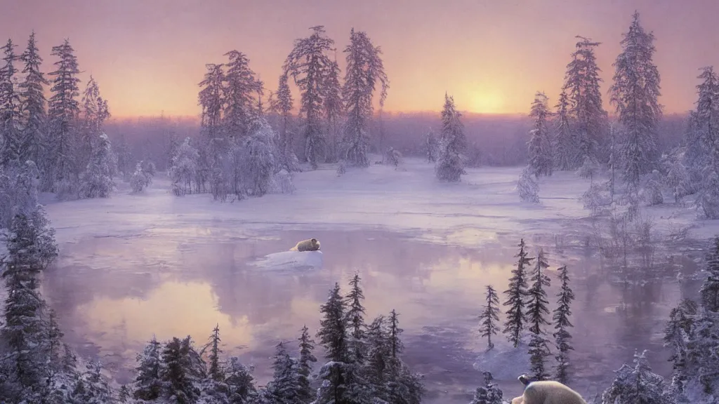 Image similar to the most beautiful panoramic landscape, oil painting, where a giant dreamy lake is frozen, the trees around have snow over their leafs, a giant polar bear is exhaling steam while walking over the frozen lake, the frozen lake is reflecting the giant polar bear and the ray lights of the sunrise are brightening him, by greg rutkowski