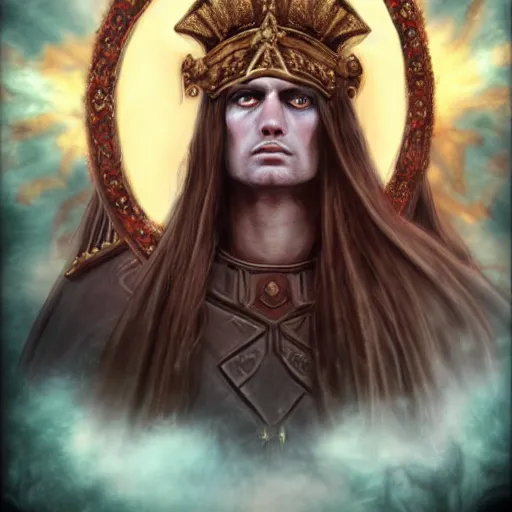 Image similar to the emperor of mankind, beautiful face, long black hair, a wreath on his head, digital painting, photo realism, super realistic detail