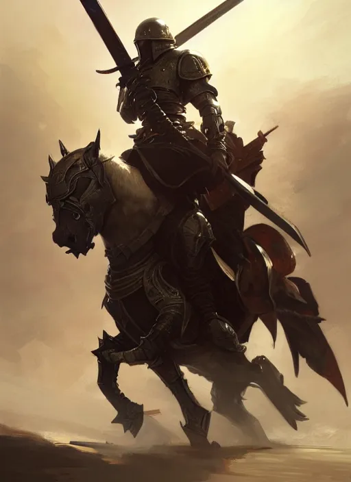 Image similar to epic war commander with armored helmet holding two gigantic sword and riding a standing horse while attacking enemies. highly detailed, digital painting, concept art, smooth, sharp focus, illustration, art by greg rutkowski