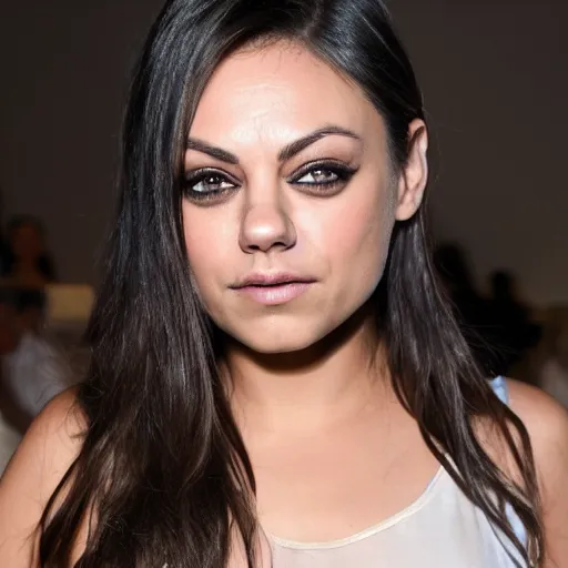 Image similar to Mila Kunis at a fashion show, clothed, XF IQ4, f/1.4, ISO 200, 1/160s, 8K, RAW, unedited, symmetrical balance, in-frame, sharpened