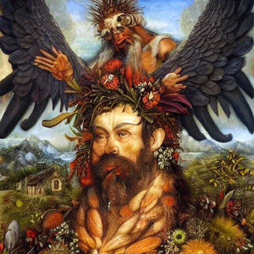 Image similar to an oil painting by giuseppe arcimboldo and ross tran of a rugged nature god with majestic angel wings standing in front of a beautiful cottage designed by thomas kincade