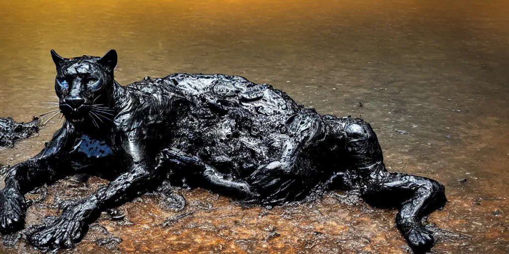 Image similar to a panther, made of ferrofluid, bathing inside the tar pit, full of goo, covered with ferrofluid. dslr, photography, realism, animal photography, color, savanna, wildlife photography