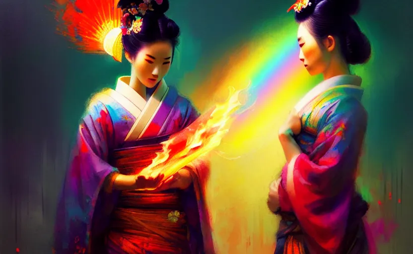 Image similar to female geisha girl holding a flame of rainbow, beautiful face, colourful, rule of thirds, thousands of colors, intricate outfit, spotlight, by greg rutkowski, by jeremy mann, digital painting