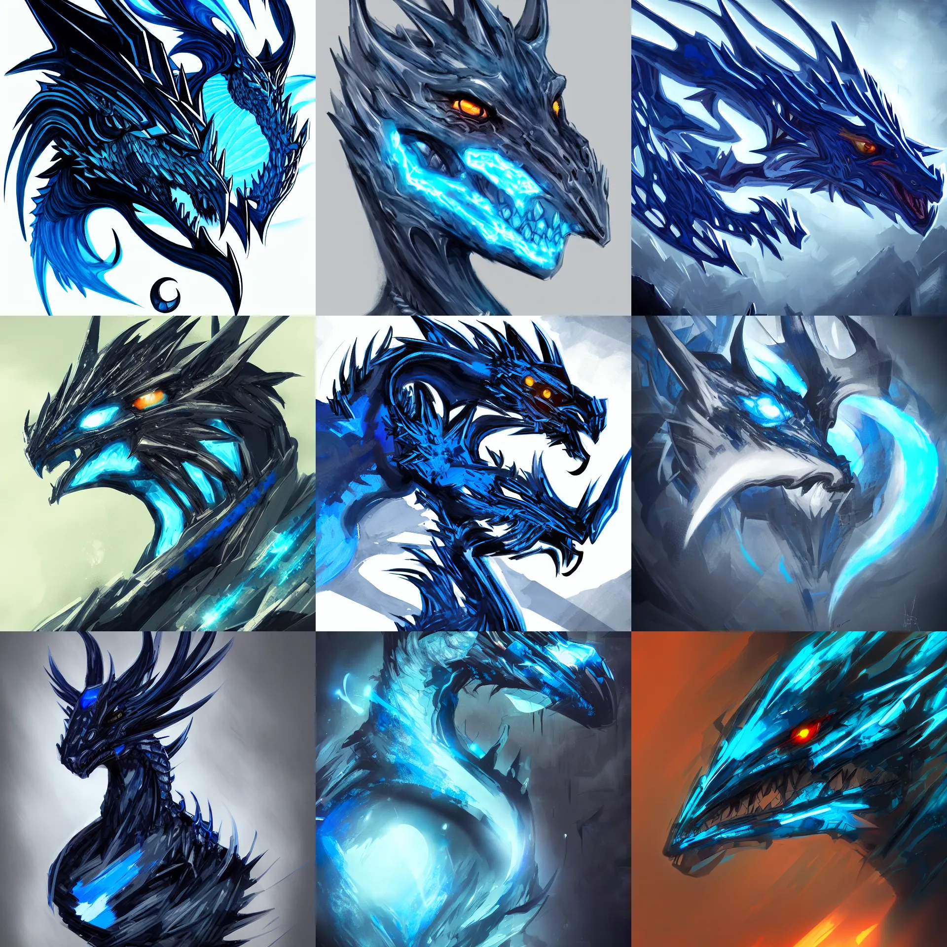 Prompt: cyber noir portrait of a blue and black dragon, concept art, artstation