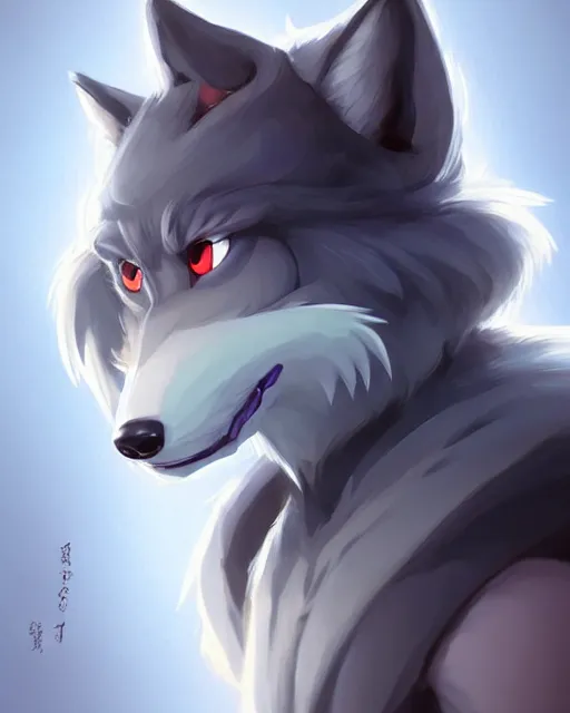 Image similar to character concept art of a dark gray anthropomorphic furry wolf with long red hair blue eyes | | cute - fine - face, pretty face, key visual, realistic shaded perfect face, fine details by stanley artgerm lau, wlop, rossdraws, james jean, andrei riabovitchev, marc simonetti, and sakimichan, artstation