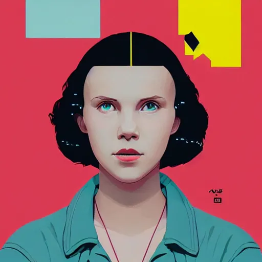 Prompt: Millie Bobby Brown profile photo as 11 by Sachin Teng , dark vibes, Organic Painting , Matte Painting, geometric shapes, hard edges, graffiti, street art:2 by Pixar (2009):4