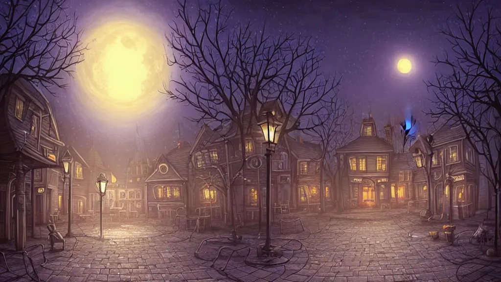 Prompt: empty lovecraftian town square surrounded by houses and inns. lovecraftian city at night by cyril rolando and naomi okubo and dan mumford and ricardo bofill. lovecraft. cobbled streets. oil lamp posts. lovecraftian statues. full moon halo.