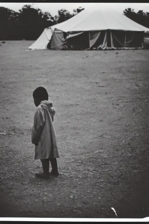 Image similar to photo polaroid of a sad and lonely child in a white coat and barefoot stands in the middle many big tents of field hospitals, pandemic, covid, loneliness, black and white ,photorealistic, 35mm film,