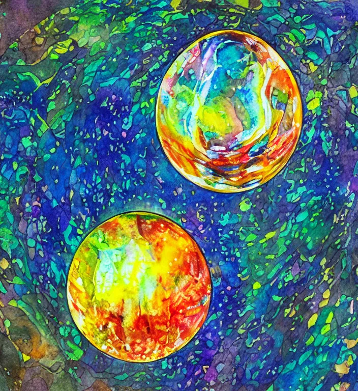 Prompt: a 1988 watercolor and ink and acrylic pour illustration of an intricate and faceted crystal ball with a world inside of it + impasto + dissolving in to light + prism + god rays + dramatic lightning + backlit + specular + caustics