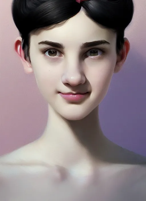 Image similar to portrait of white teenage girl, narrow face, short black hair and eyebrows, bangs, half updo hairstyle, buck toothed smile, unattractive, defined jawline, long chin, wearing hair bow, intricate, elegant, glowing lights, highly detailed, digital painting, artstation, sharp focus, illustration, art by wlop, mars ravelo and greg rutkowski