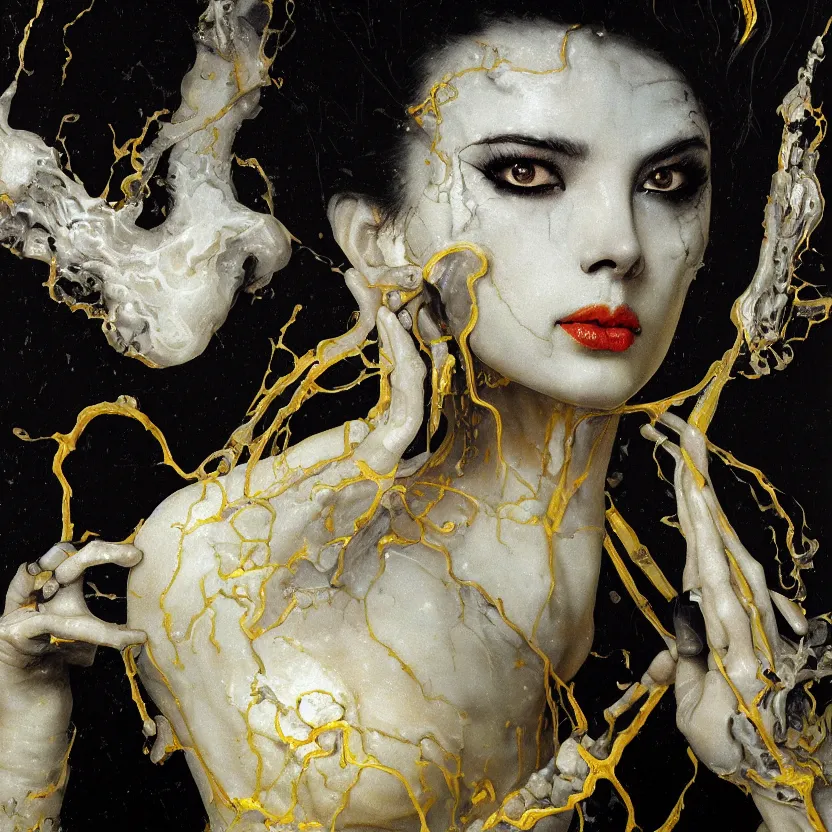 Prompt: a dark baroque close - up portrait of a yellow and white porcelain being made out of white liquid sci - fi vitrified translucent ceramic marble ; china. reflective detailed textures. gloomy black background. highly detailed fantasy science fiction painting by moebius, norman rockwell, frank frazetta, and syd mead. rich colors, high contrast. artstation