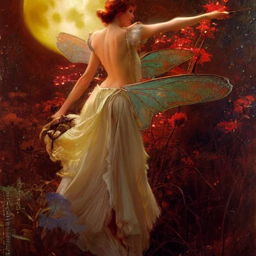 Image similar to attractive fairy magically floating high in the night, fantasy, full moon in background. highly detailed painting by gaston bussiere, craig mullins, j. c. leyendecker, sharp focus, 8 k