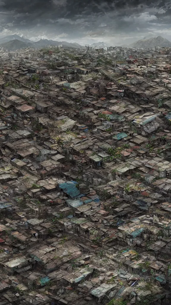 Prompt: a beautiful highly detailed matte painting of a huge derelict cargo favela by Jose Daniel Cabrera Pena and Leonid Kozienko, concept art