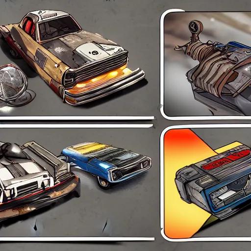 Image similar to car engine, car parts concept, card, comic page, realistic borderlands, ui card, Octane render