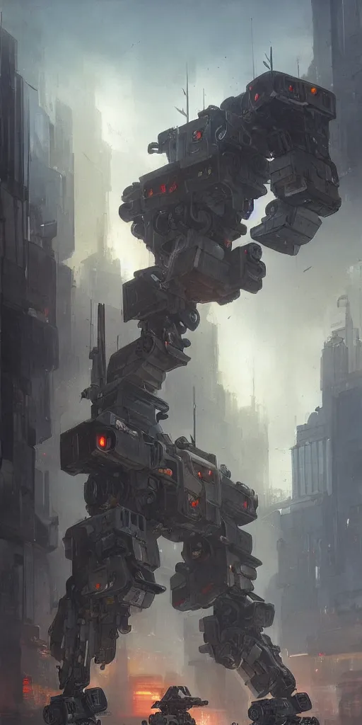 Image similar to Battletech mech in a city, portrait, futuristic, oil painting, industrial, high detail, by Greg Rutkowski, concept art, Mechwarrior, masterpiece, Artstation