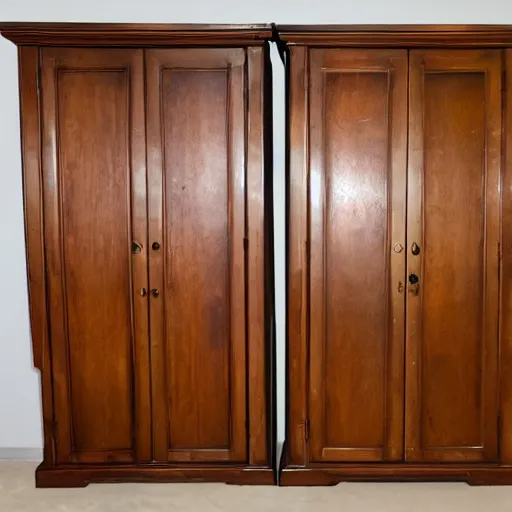 Prompt: two large armoire with slightly crooked doors in a room with an xbox