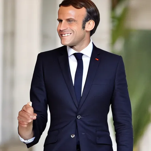 Image similar to Emanuel Macron wearing a mini skirt and a tight top. Heavy make up